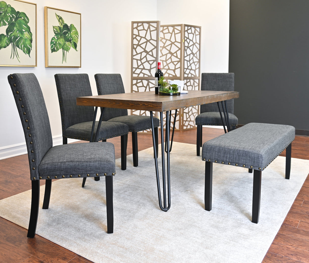 Amisos 6-Piece Dining Set, Hairpin Dining Table with 4 Chairs and Upholstery Bench, 3 Color Options - sold by Home Elegance USA