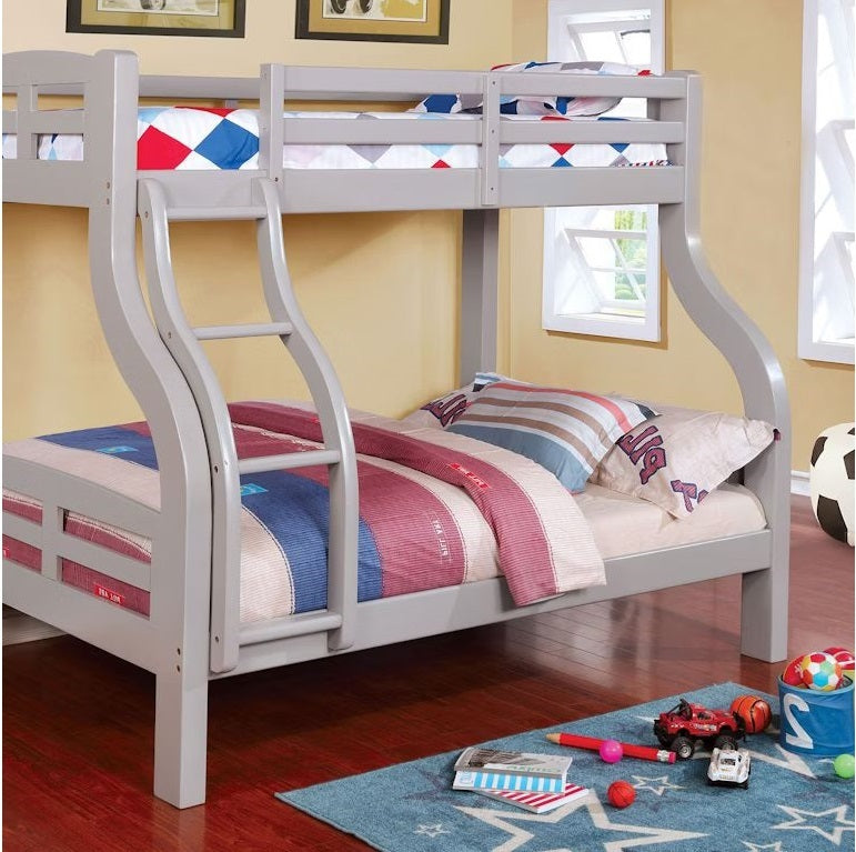 Transitional Style Twin Over Full Bunk Bed Attached Curved Ladder Upper Bed Rails Bold & Curved Wood Design - sold by Home Elegance USA