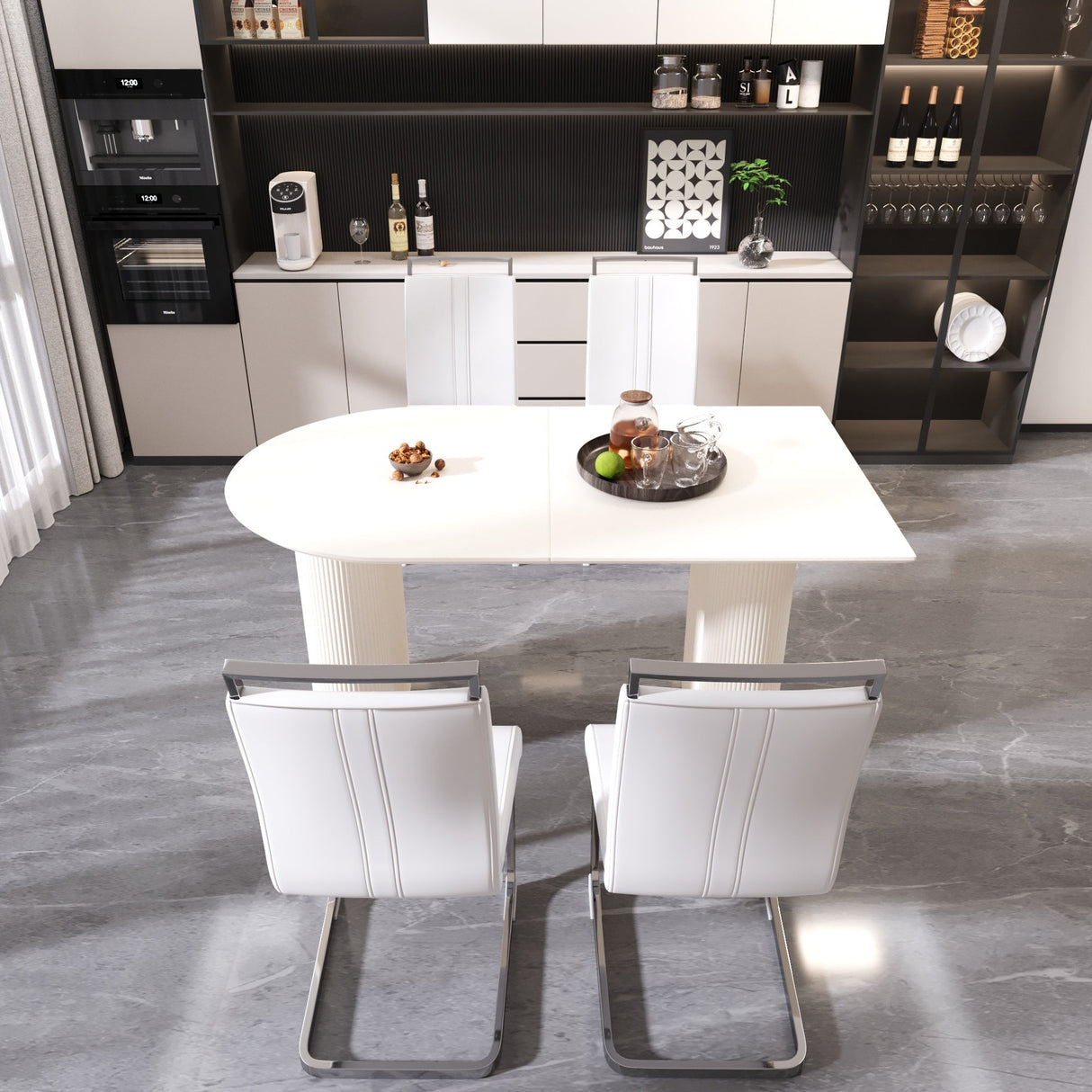 63 'medieval modern cream style MDF dining table and PU armless dining chair set 4. Assemble Desktop and Silver plated metal leg dining chair set, suitable for home&kitchen - sold by Home Elegance USA