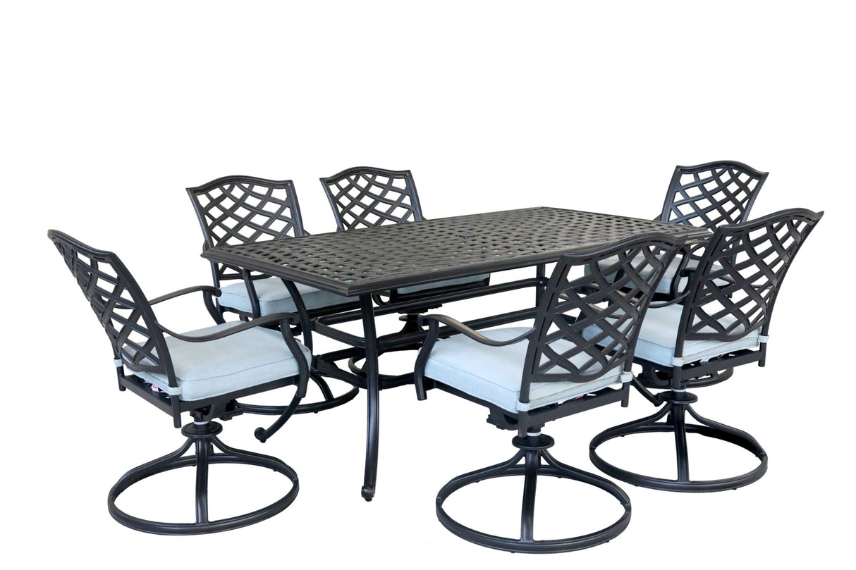 Aluminum 7 - Piece Rectangular Dining Set With 6 Swivel Rockers, Light Blue | Home Elegance USA