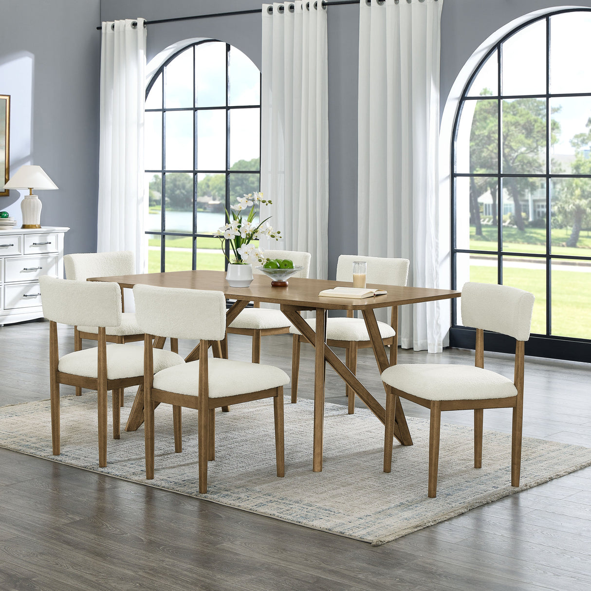 Darla 7Pc 70'W Rectangular Walnut Oak Geometric Cross Base Dining Set - sold by Home Elegance USA