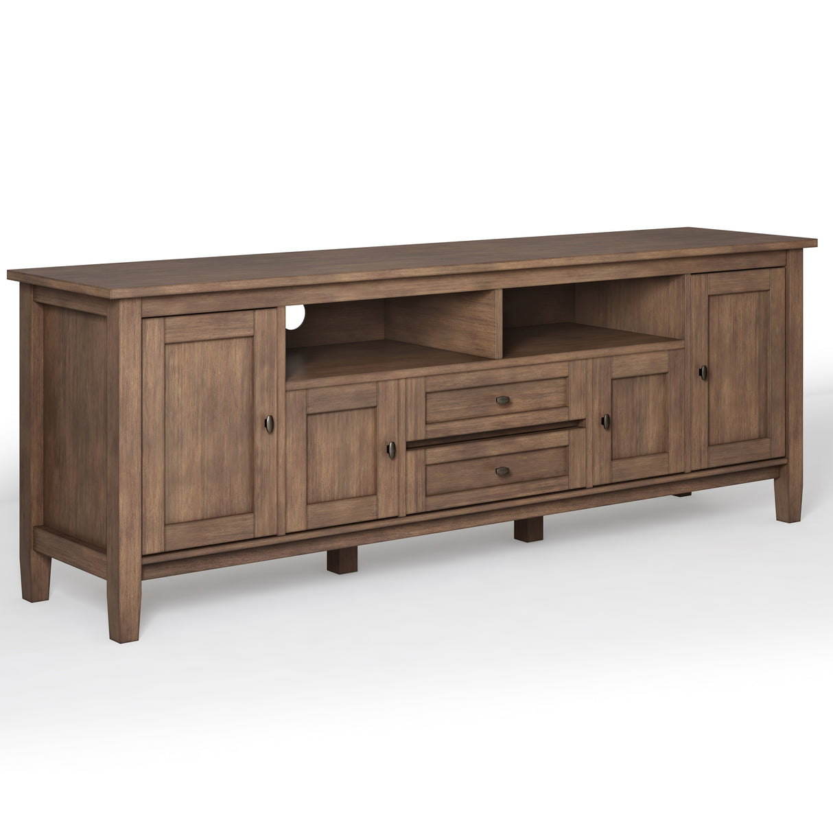 Mueble para TV de madera maciza Warm Shaker de 72 pulgadas de ancho en marrón rústico natural envejecido. Para televisores de hasta 80 pulgadas.