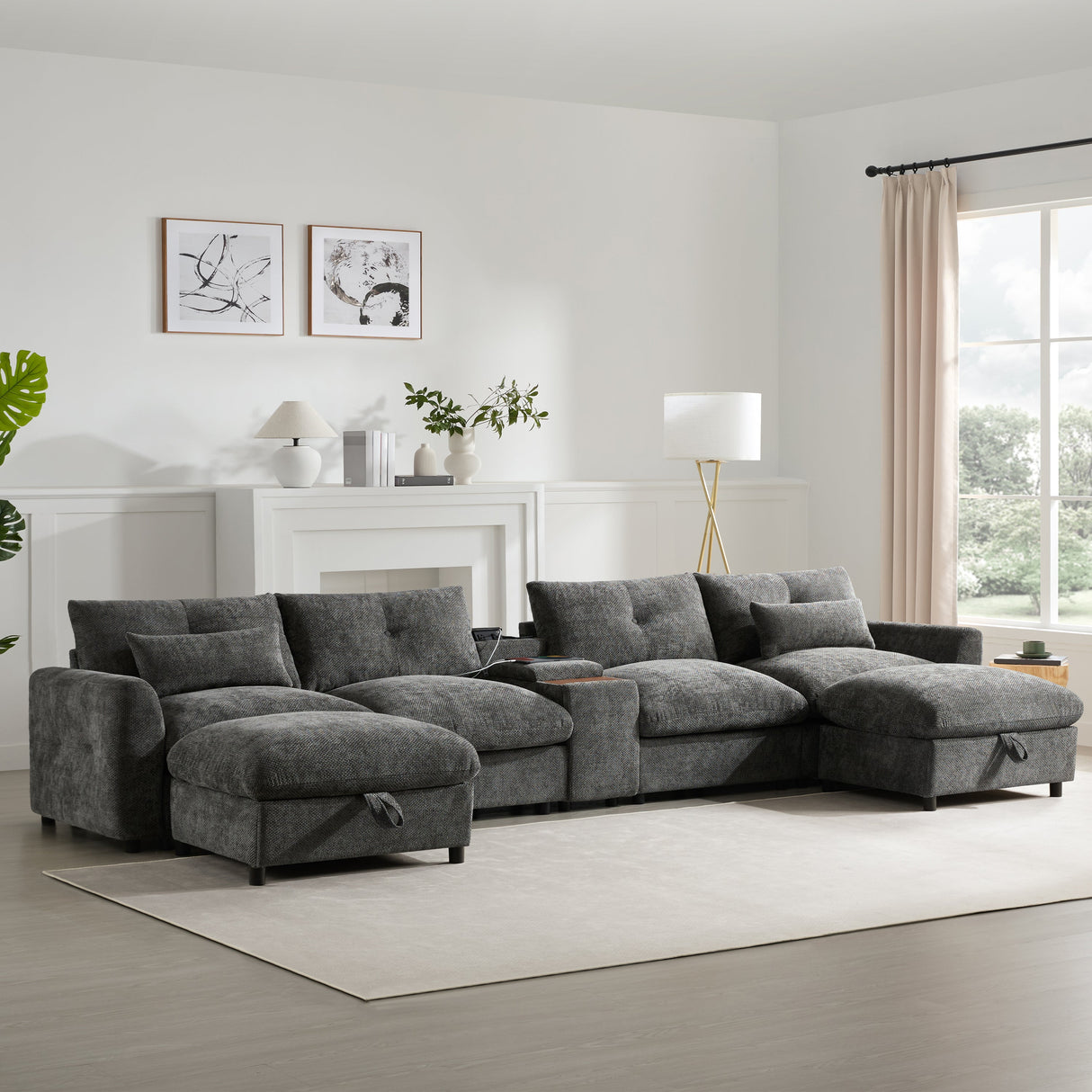 136'' Modular Sectional Sofa with Console, Cup Holder, USB Charger, Movable Storage Ottoman, Pull-line&Tufted Design, U-Shaped Oversized Chenille Sofa for Living Room&Apartment,2 Colors - sold by Home Elegance USA