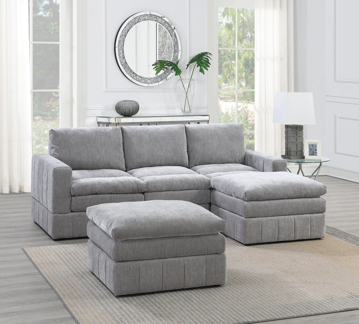 Contemporary 5pc Set Modular Sectional Set 2x One Arm Chair / Wedge 1x Armless Chair 2x Ottoman Granite Color Morgan Fabric Plush Living Room Furniture - sold by Home Elegance USA