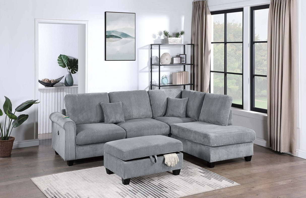 Contemporary Style 3pc Sectional Set Right Arm Chaise Left Arm Sofa w/ USB Port Storage Ottoman Throw Pillow Wooden Legs Fog Finish Primary Living Room - sold by Home Elegance USA
