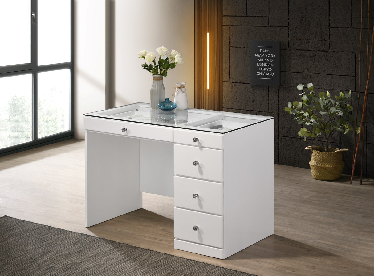 1pc Glam Makeup Vanity Table Glass Top 5 Drawers Crystal Knobs White Wooden Bedroom Furniture White