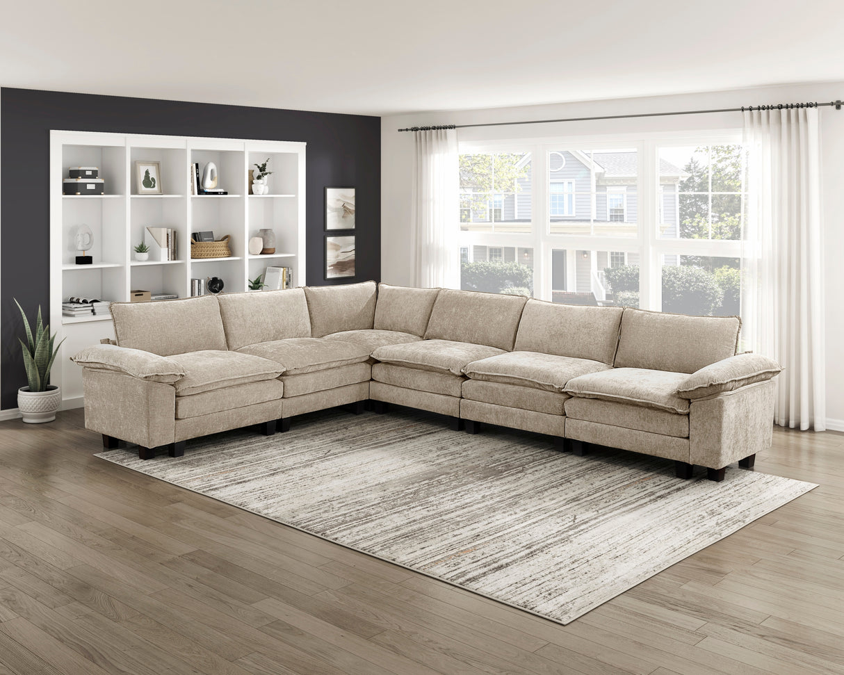 Modern Contemporary 6-Piece Modular Sectional Sofa Set Plush Comfort Taupe Chenille Upholstery Living Room Furniture Durable Plywood