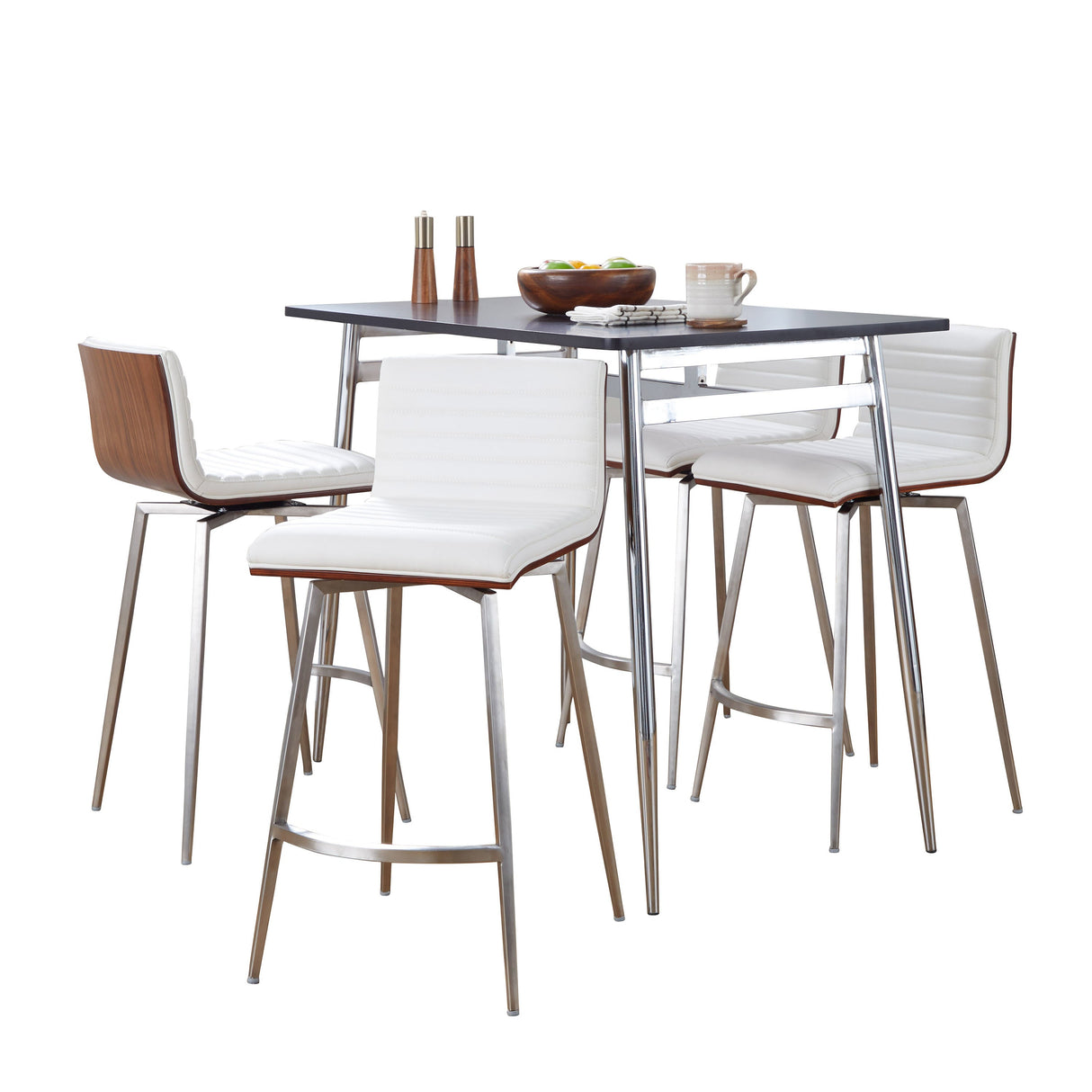 Marcel-Mason Swivel Contemporary Counter Height Dining Set in Chrome Metal with Black Wood Tabletop and Stainless Steel, Walnut Wood with White Faux Leather by LumiSource - 5 Piece - sold by Home Elegance USA
