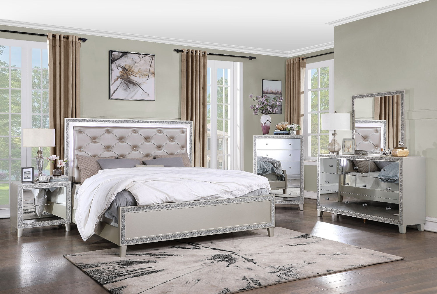 Acme - Sliverfluff CK Bed W/Led & Storages BD00240CK Synthetic Leather & Champagne Finish
