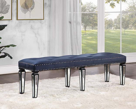 Acme - Varian II Bench BD00589 Mirrored, Dark Navy Velvet & Black & Sliver Finish