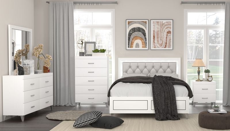 Casilda Queen Bed W/Led BD00644Q Gray Synthetic Leather & White Finish | Acme | Home Elegance USA