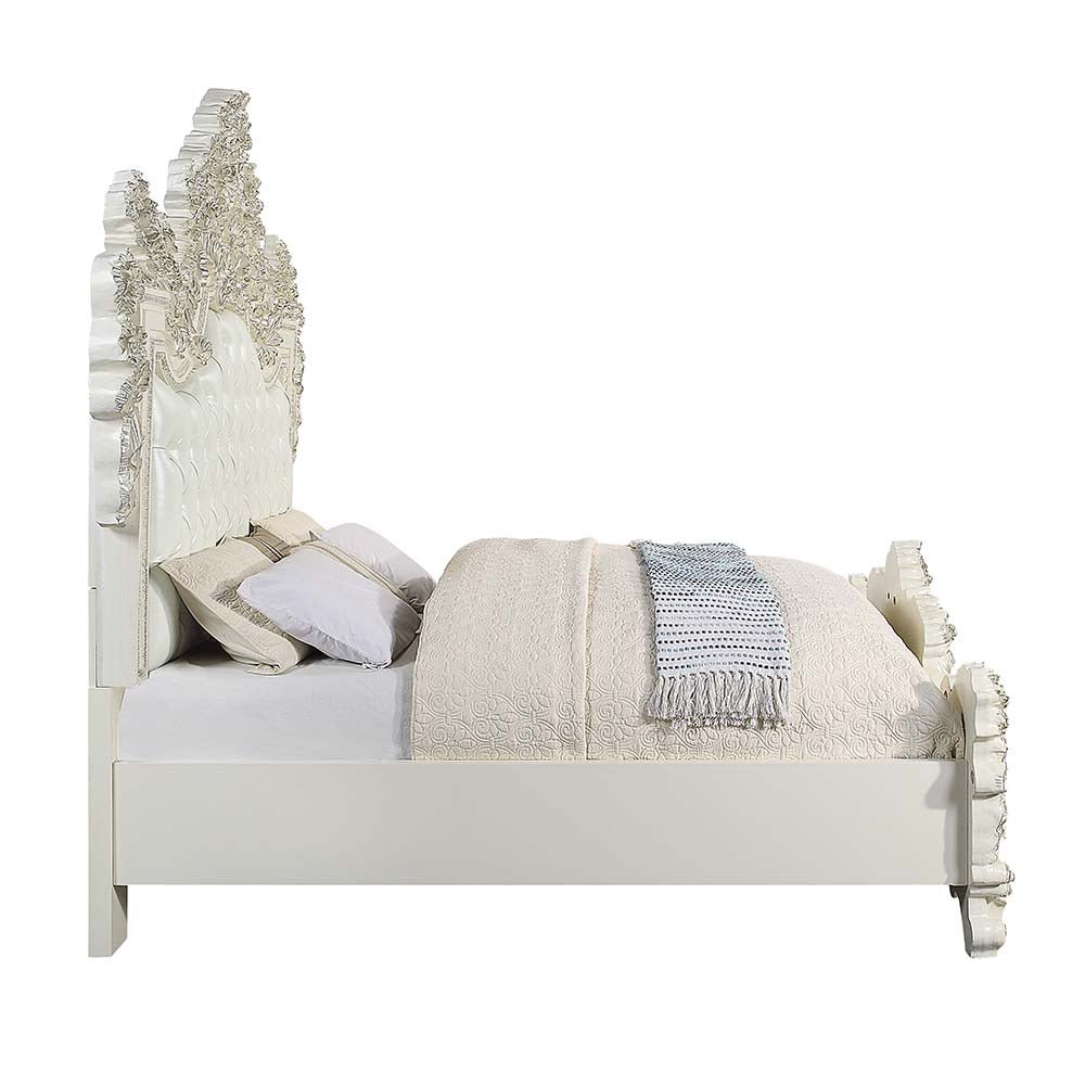 Adara EK Bed BD01248EK Pearl White Synthetic Leather & Antique White Finish | Acme | Home Elegance USA