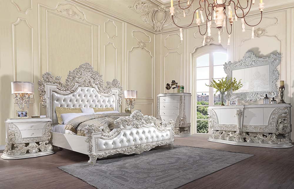 Adara EK Bed BD01248EK Pearl White Synthetic Leather & Antique White Finish | Acme | Home Elegance USA