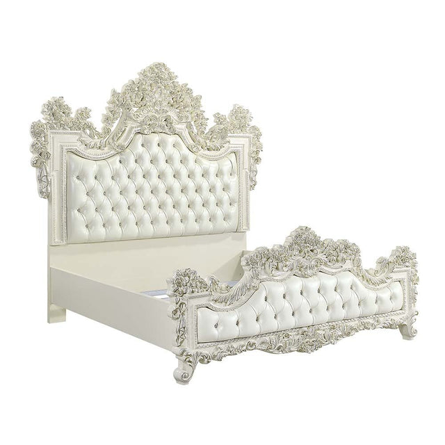 Adara EK Bed BD01248EK Pearl White Synthetic Leather & Antique White Finish | Acme | Home Elegance USA