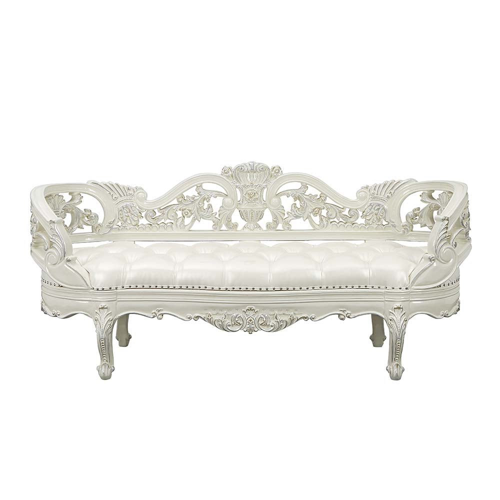Adara Bench BD01253 Pearl White Synthetic Leather & Antique White Finish | Acme | Home Elegance USA