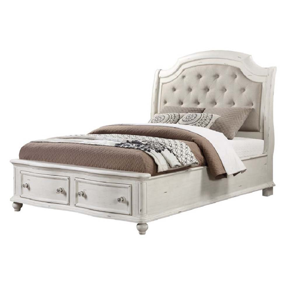 Acme - Jaqueline EK Bed W/Storage BD01432EK Gray Linen & Antique White Finish