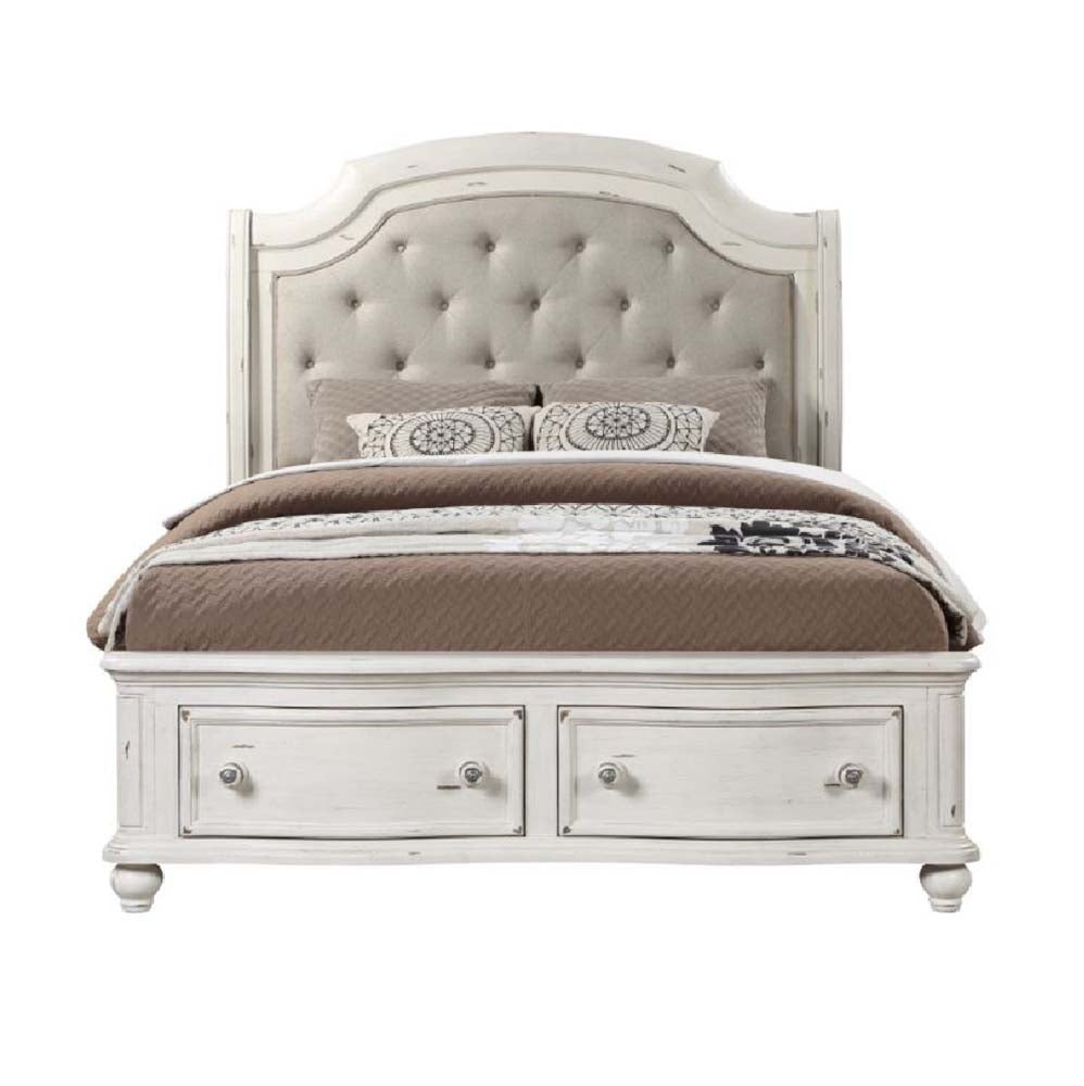 Acme - Jaqueline EK Bed W/Storage BD01432EK Gray Linen & Antique White Finish