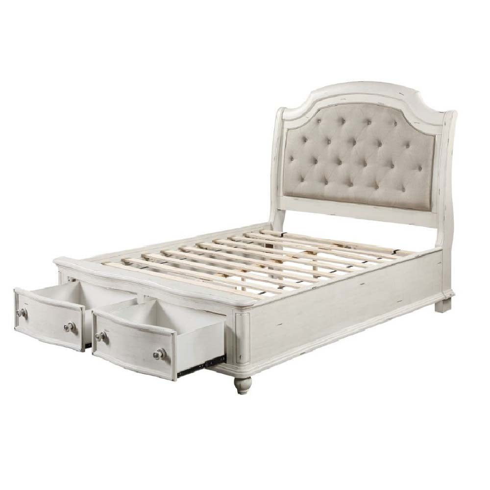 Acme - Jaqueline EK Bed W/Storage BD01432EK Gray Linen & Antique White Finish