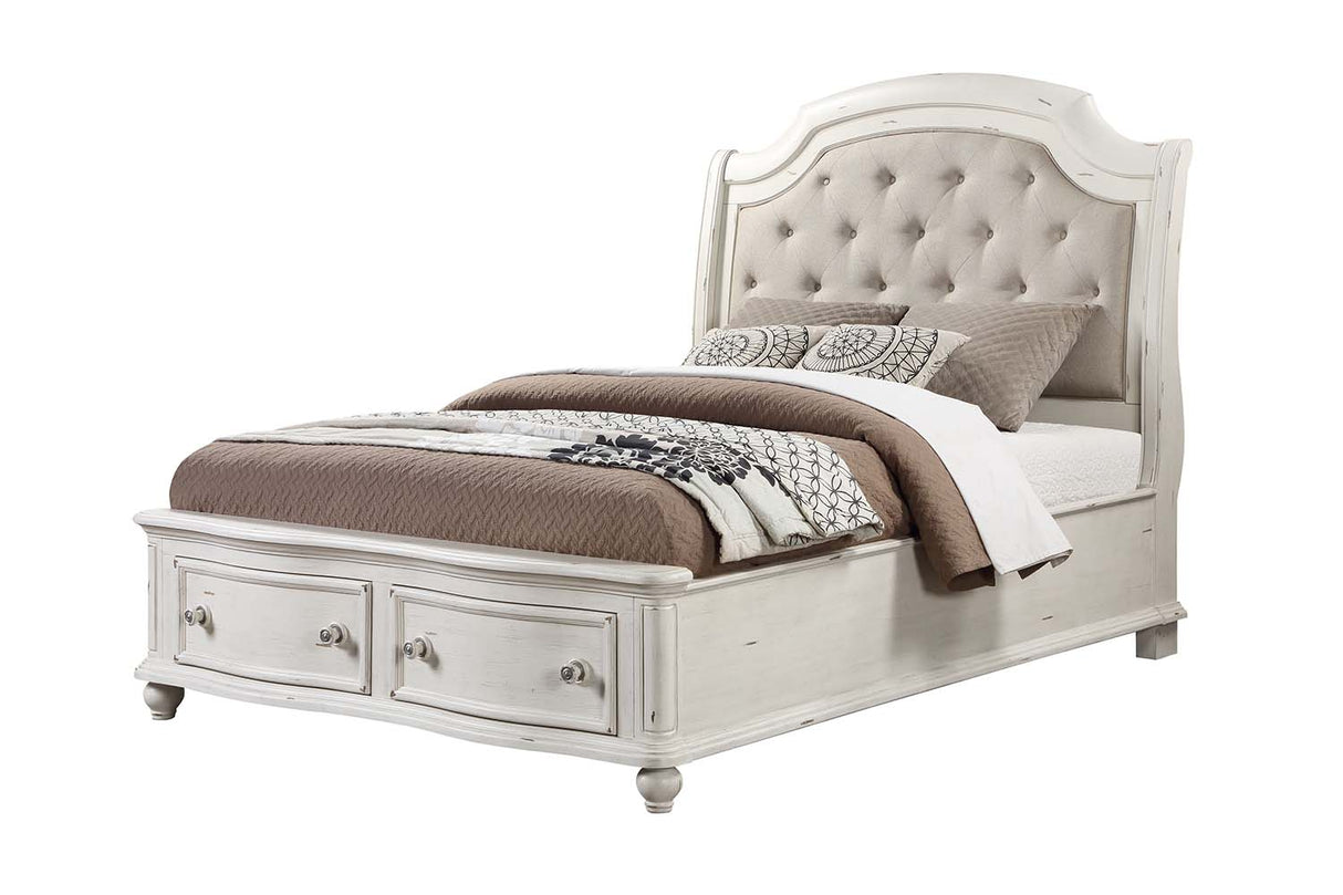 Acme - Jaqueline EK Bed W/Storage BD01432EK Gray Linen & Antique White Finish