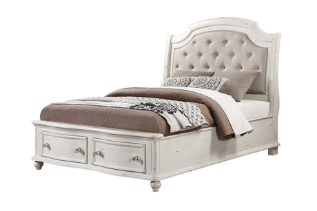 Acme - Jaqueline EK Bed W/Storage BD01432EK Gray Linen & Antique White Finish