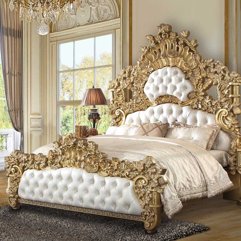 Bernadette EK Bed BD01474EK White Synthetic Leather Fabric & Gold Finish | Acme | Home Elegance USA