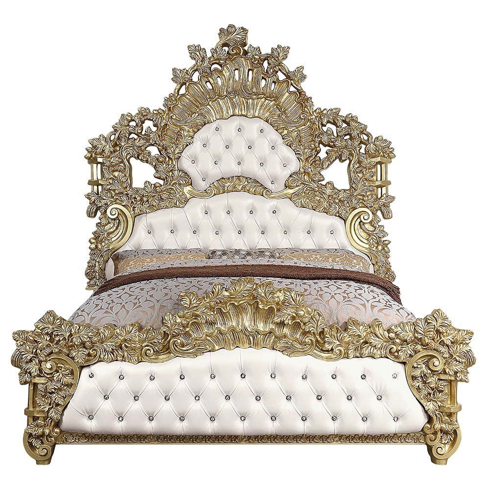 Bernadette EK Bed BD01474EK White Synthetic Leather Fabric & Gold Finish | Acme | Home Elegance USA