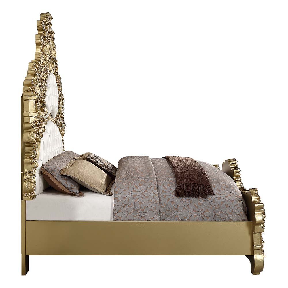 Bernadette EK Bed BD01474EK White Synthetic Leather Fabric & Gold Finish | Acme | Home Elegance USA