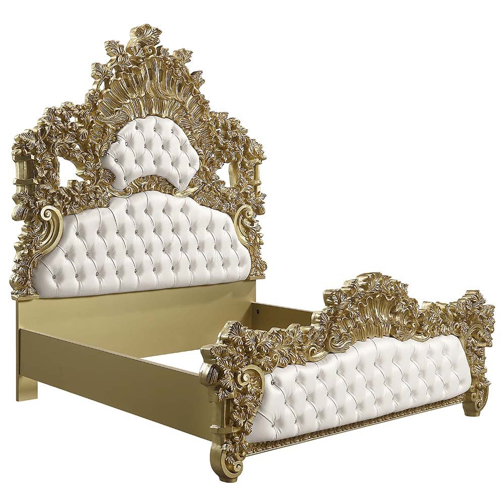 Bernadette EK Bed BD01474EK White Synthetic Leather Fabric & Gold Finish | Acme | Home Elegance USA