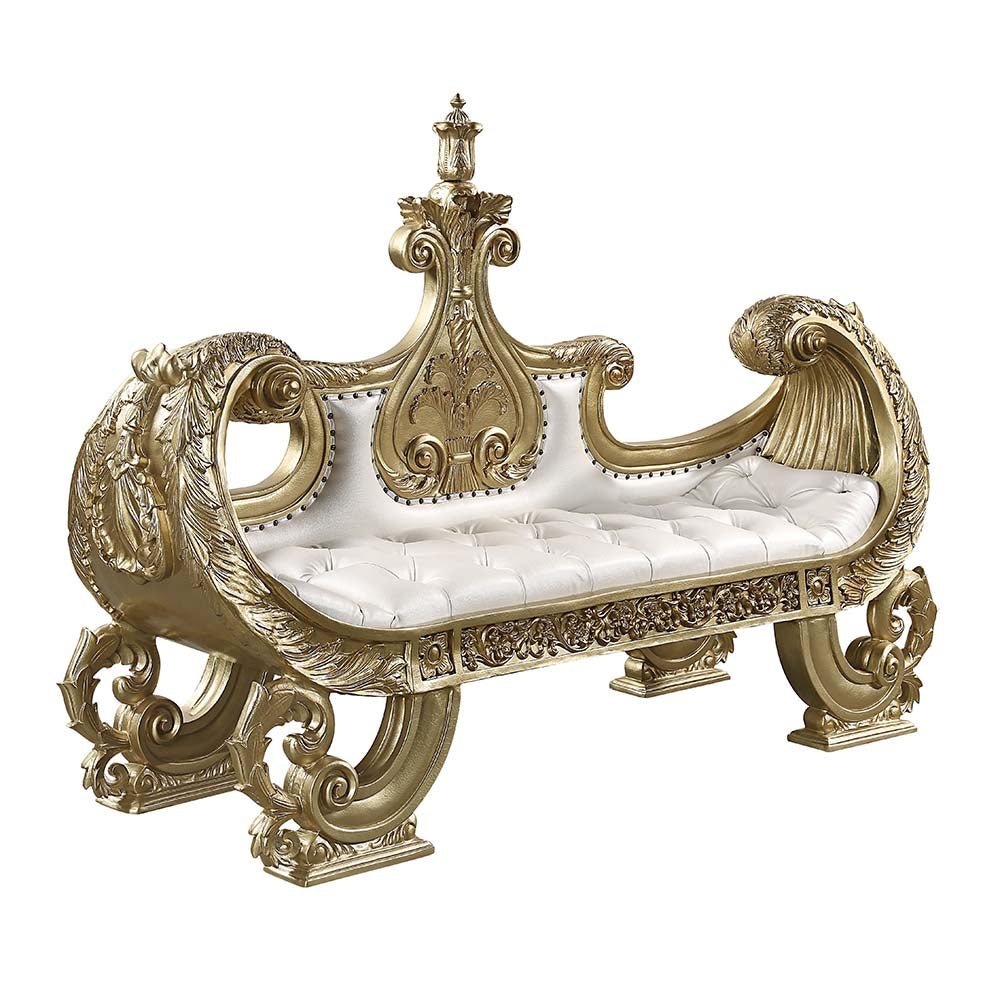 Bernadette Bench BD01480 White Synthetic Leather Fabric & Gold Finish | Acme | Home Elegance USA