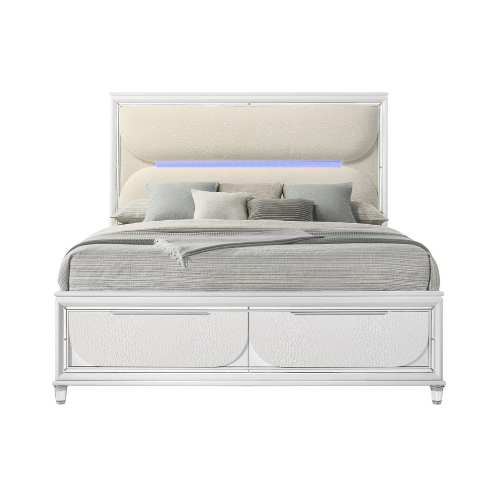 Acme - Tarian EK Bed W/Led & Storage BD02316EK White Boucle & Pearl White Finish