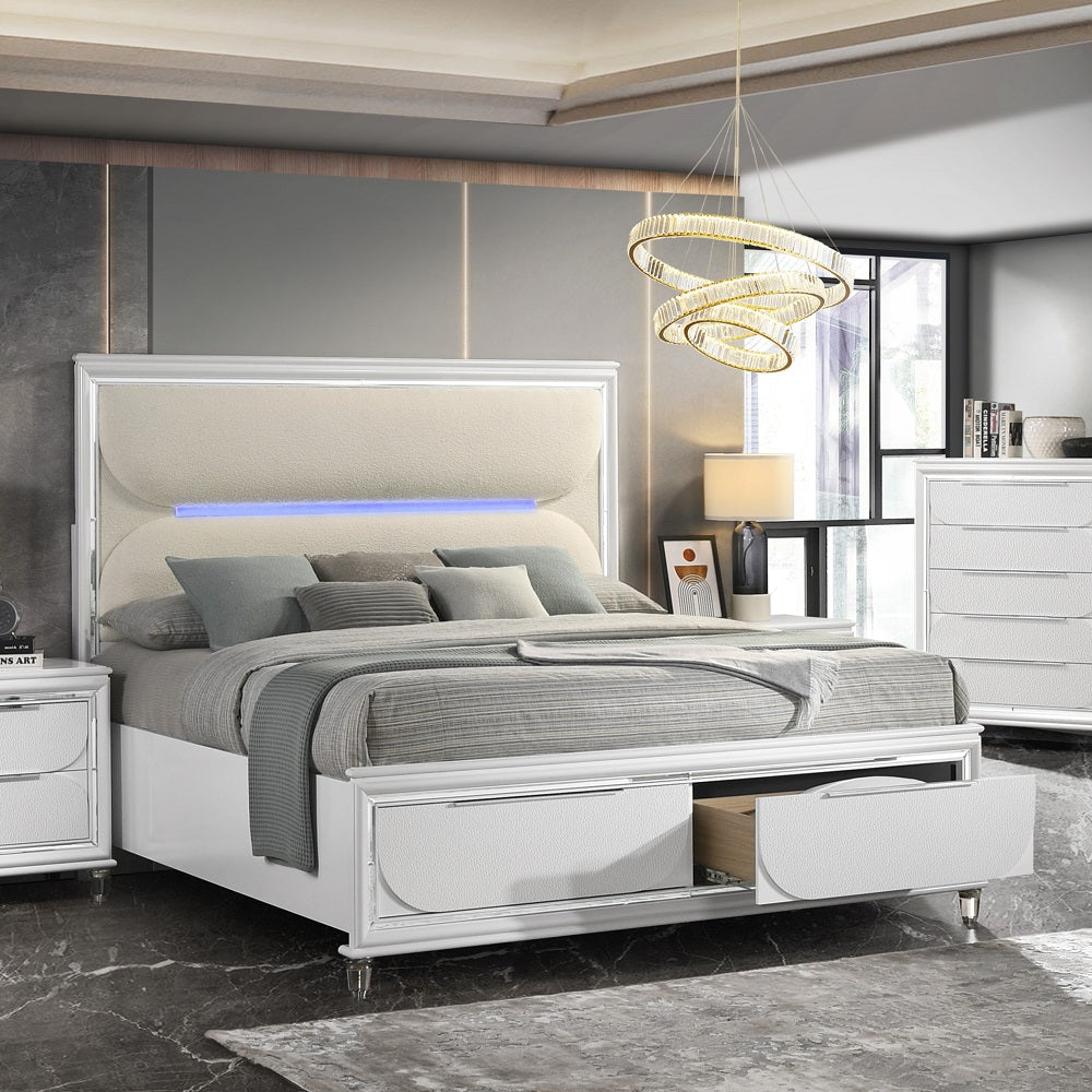 Acme - Tarian EK Bed W/Led & Storage BD02316EK White Boucle & Pearl White Finish