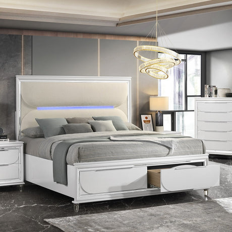 Acme - Tarian EK Bed W/Led & Storage BD02316EK White Boucle & Pearl White Finish