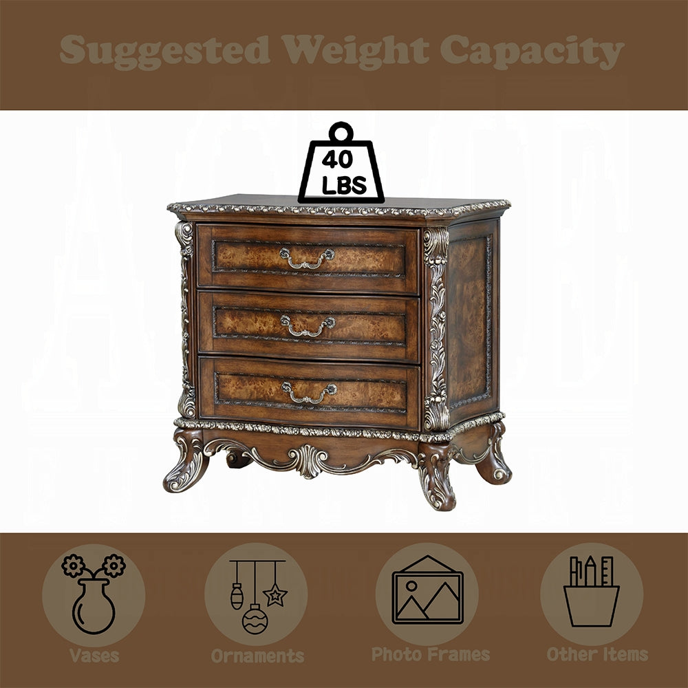 Decorative wooden chest of drawers with a weight capacity indicator on a white background