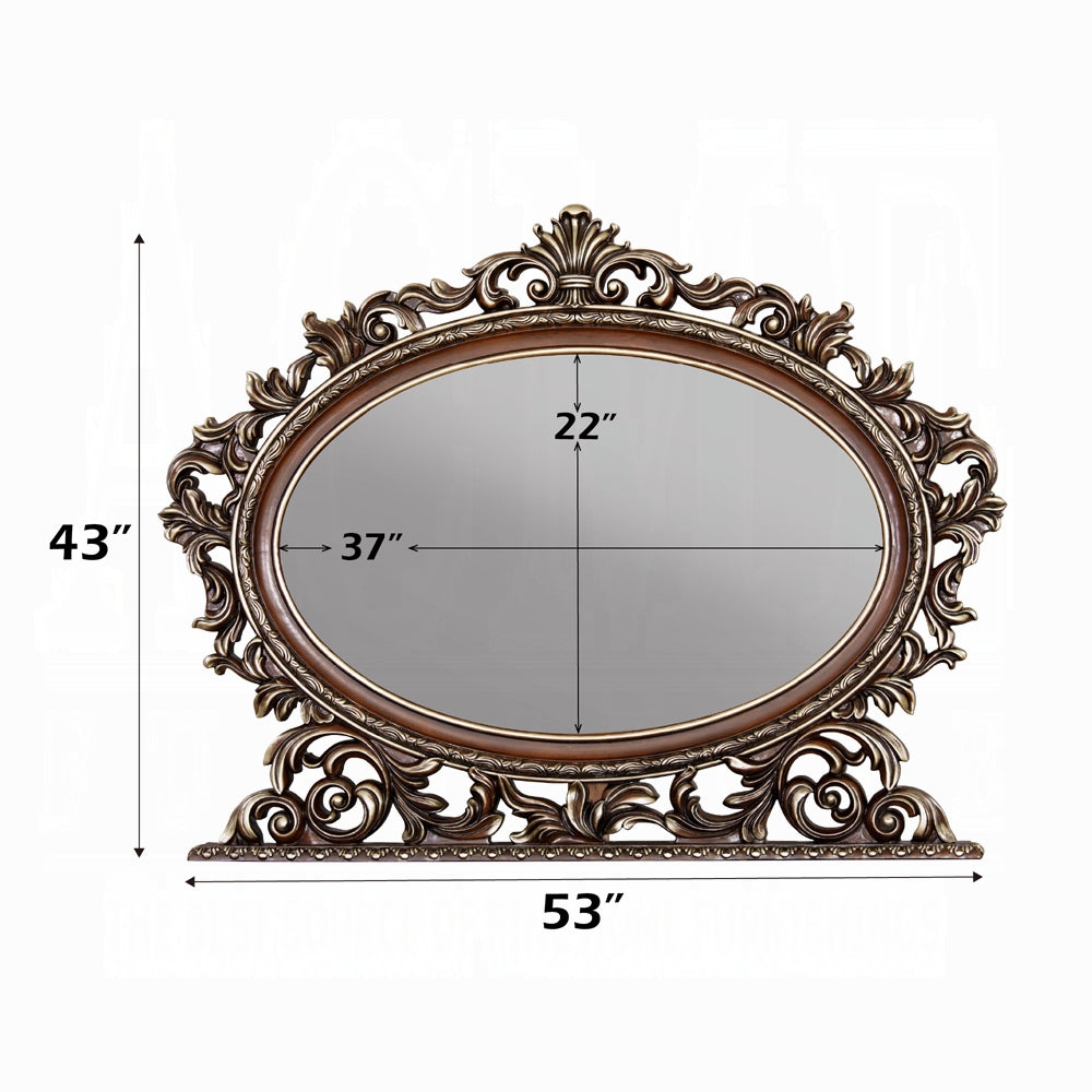 Decorative mirror with ornate frame and measurements on a white background