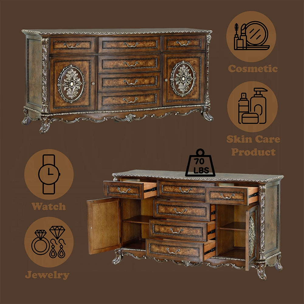 Decorative wooden cabinet with intricate details on a brown background with product icons and weight information.