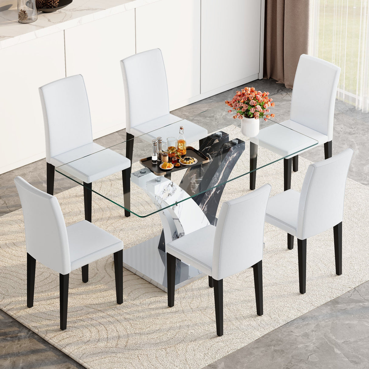 Table and chair set.Modern dining table, tempered glass countertop, and artistic MDF legs.Paried With 6 White PU dining chairs, simple and versatile, comfortable and accompanied. - sold by Home Elegance USA