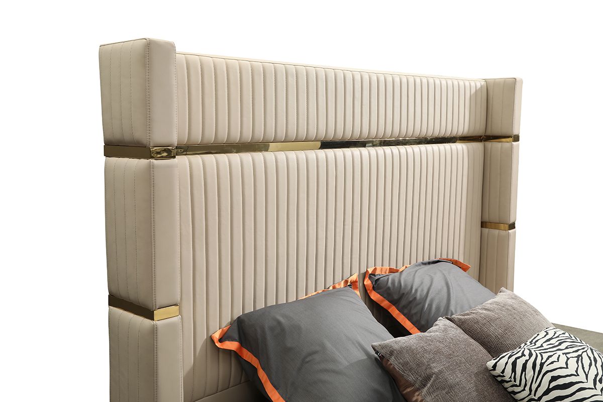 Eastern King Sterling Modern Beige Bonded Leather & Gold Bed