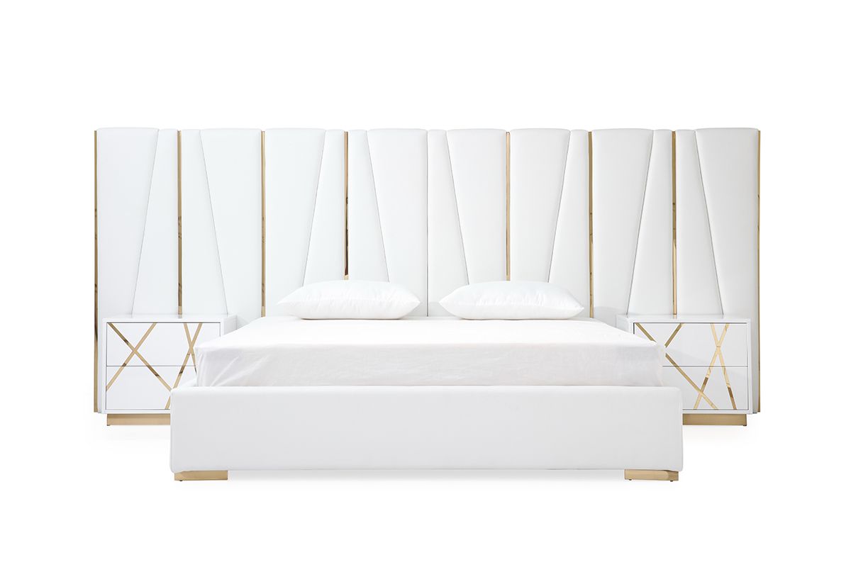 Eastern King Nixa Modern White Bonded Leather & Gold Bed