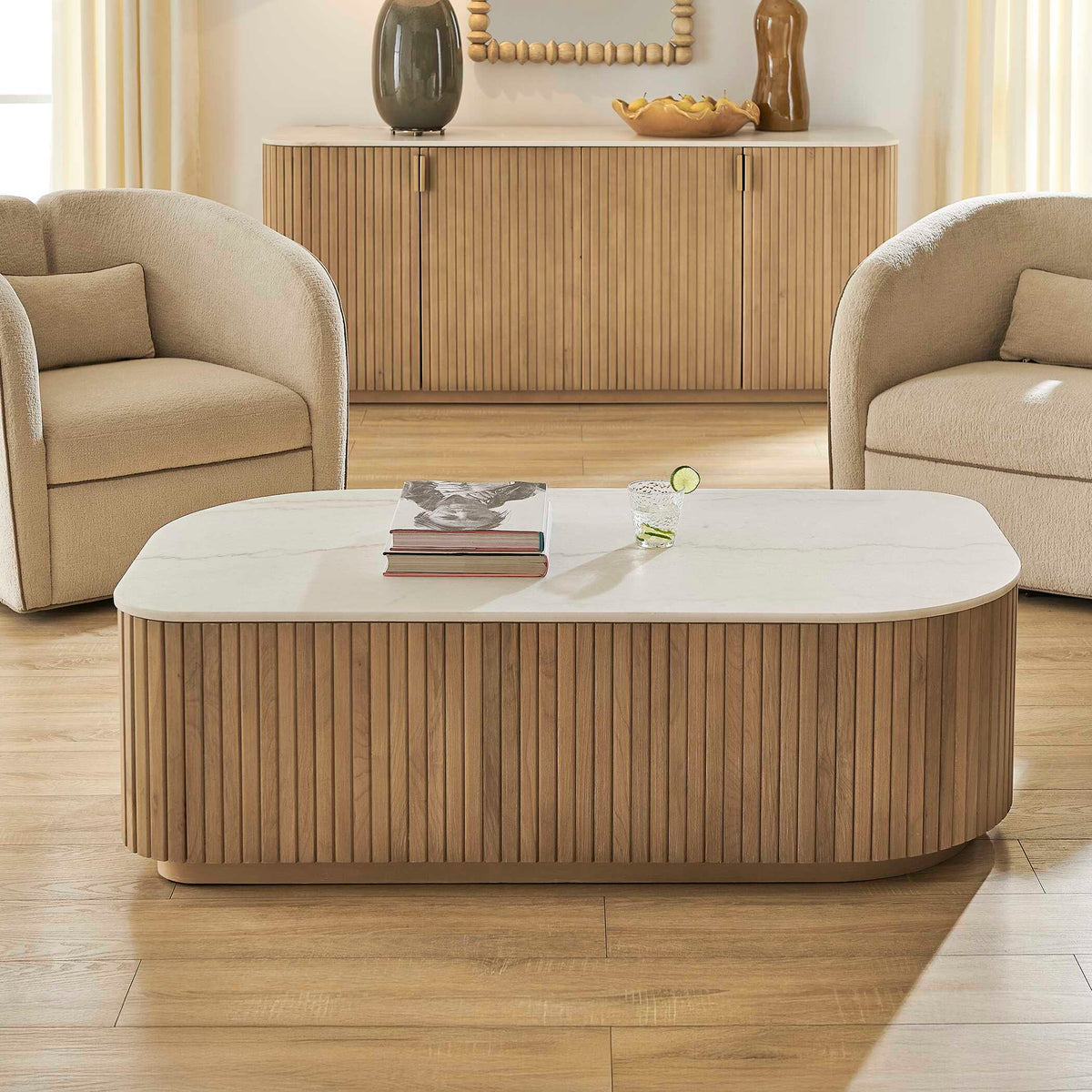 Arik Marble Top Coffee Table White / Woodtone - Light Brown / White by Uttermost - View 2