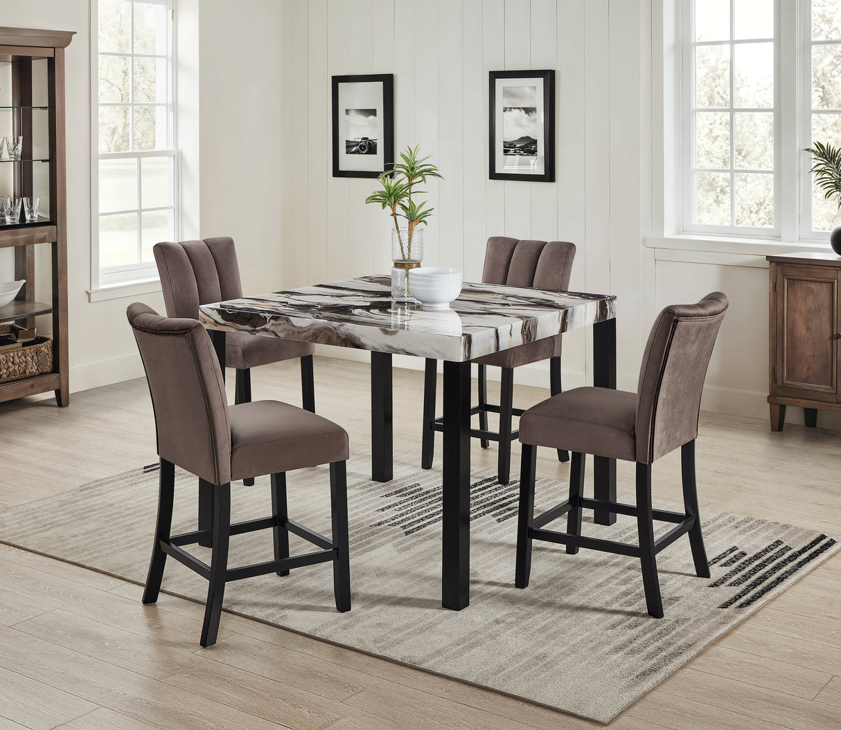 5pc Beautiful Black/Brown Faux Marble Counter Height Dining Set Square Table Upholstered Gently Curved Table Dining Room Wooden Furniture Black, Brown, Mocha, Cream