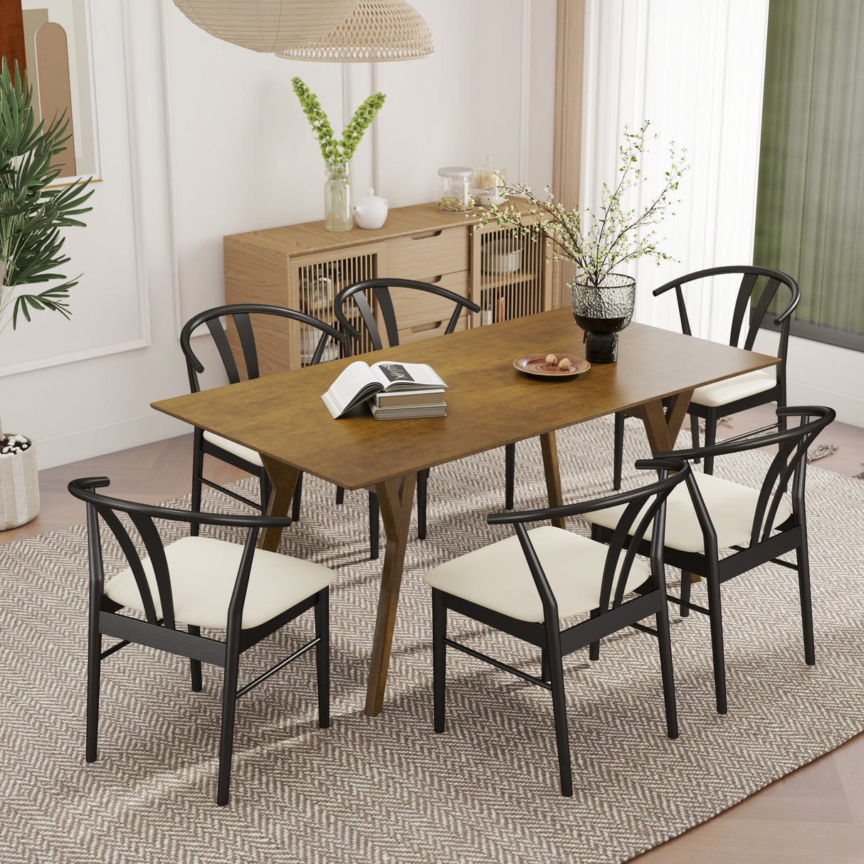 Lavin Modern 7-Piece Dining Set, Walnut Finished Dining Table with 6 Black Wishbone Chairs