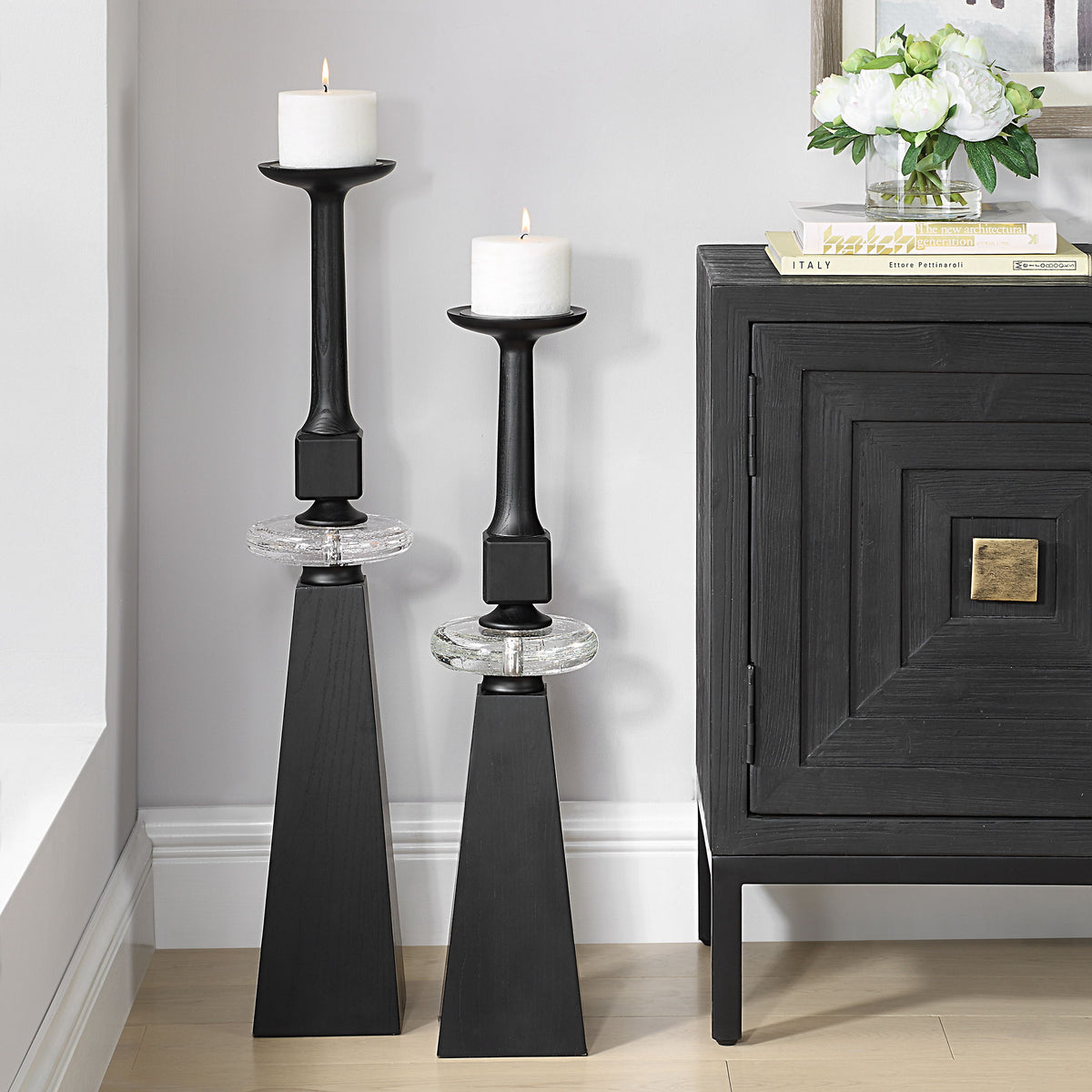 Ebon Glow Floor Candleholders (Set of 2) - Black by Uttermost - View 2