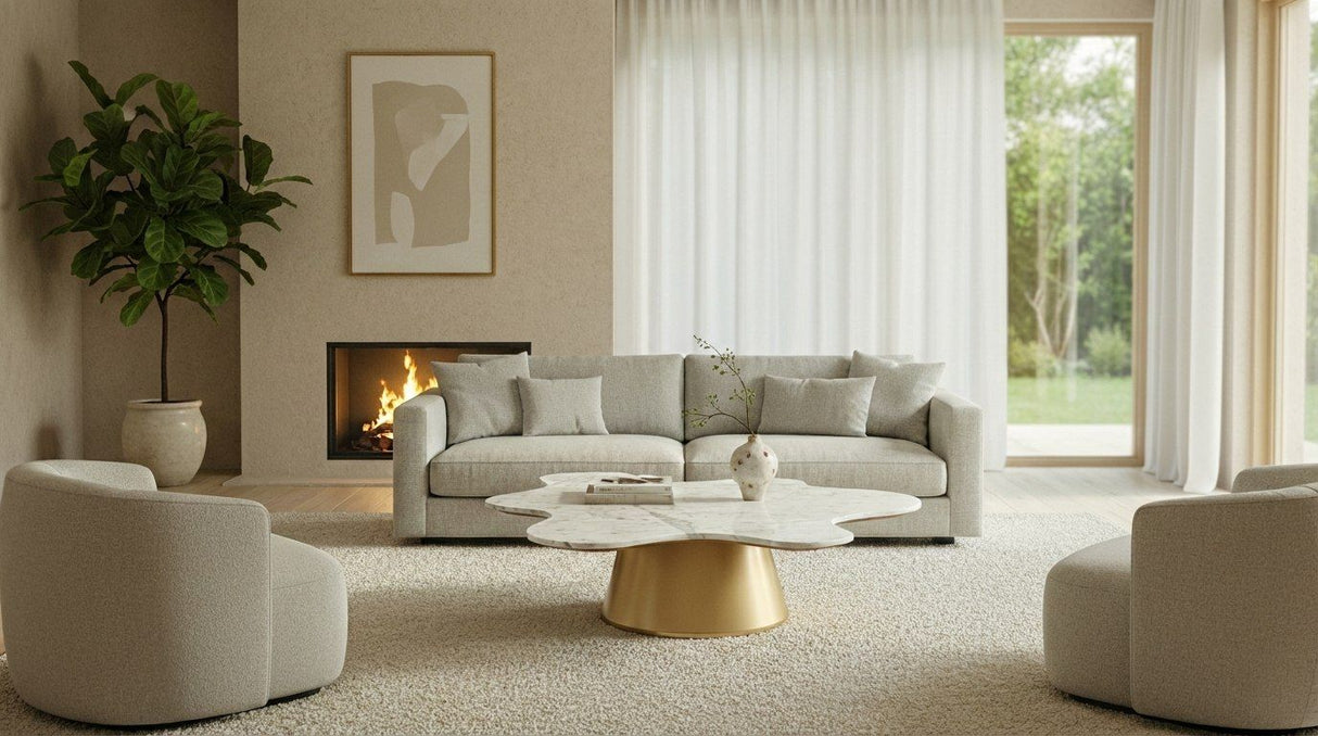 Modrest Gabbro Low - Glam White Marble and Gold Coffee Table