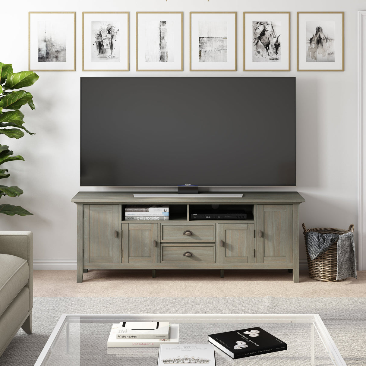 Redmond 72 inch Wide Solid Wood TV Stand in Distressed Grey For TVs up to 80 inches - sold by Home Elegance USA