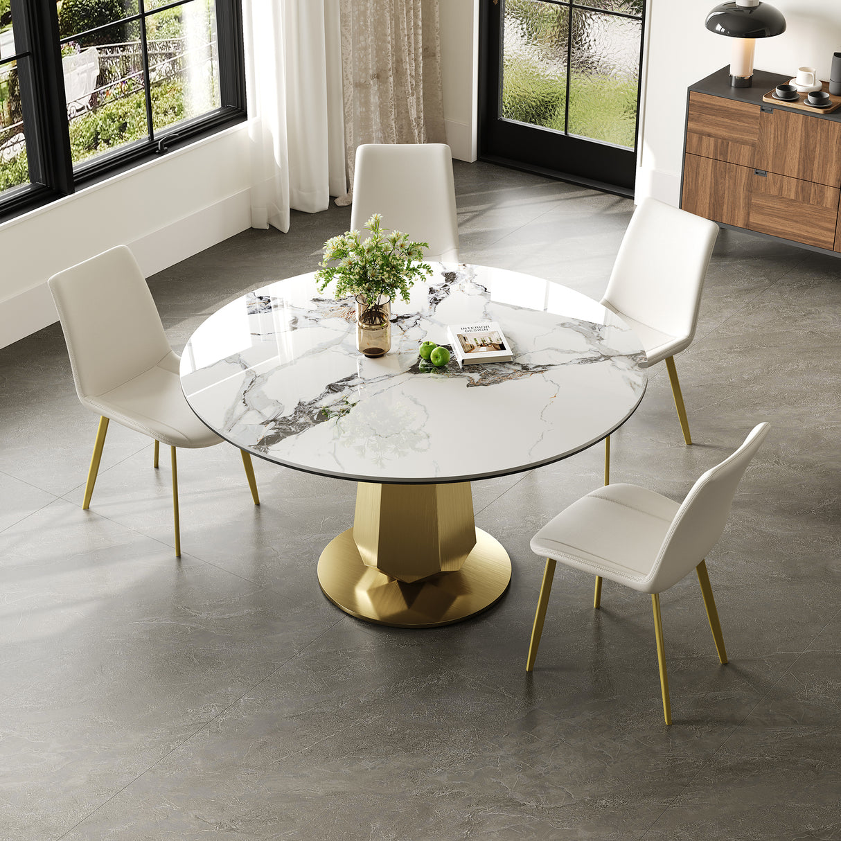 53 inch Luxury Round Dining Table Set with Sintered Stone Top & 4 White PU Chairs, Modern 5-Piece Kitchen Set for 4-8 People, Gold Stainless Steel Base, Easy Assembly for Apartments and Small Spaces