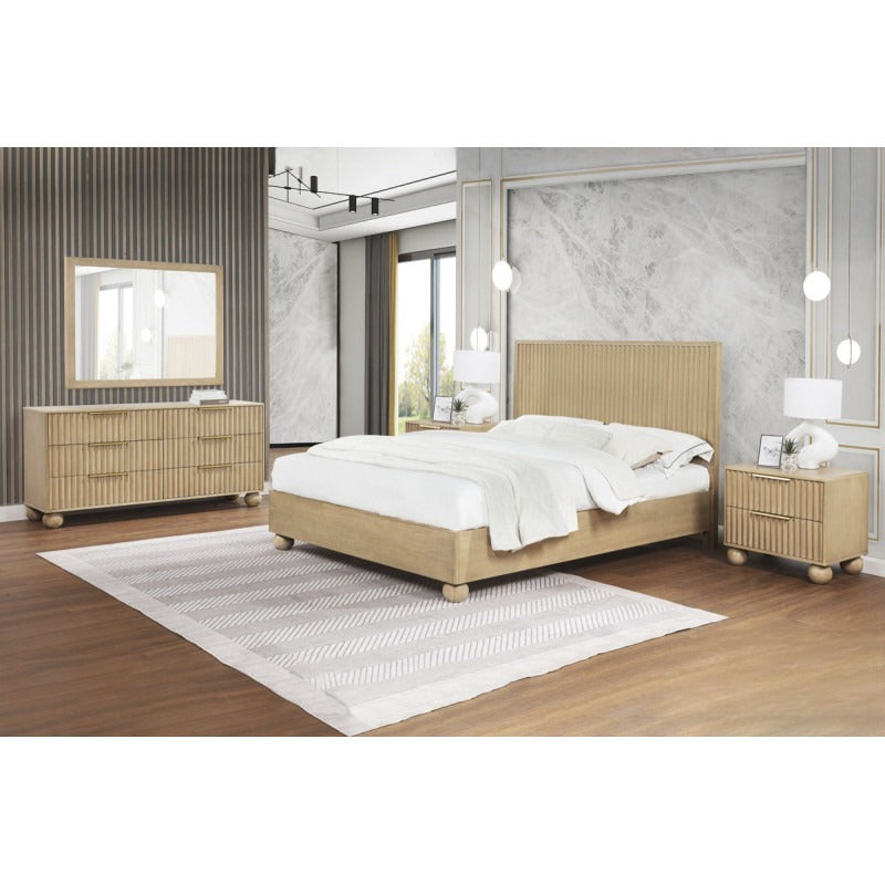 Modern Light Oak Wood 5pc Bedroom Furniture Set, Eastern King size Platform Bed, Dresser Mirror and 2x Nightstand