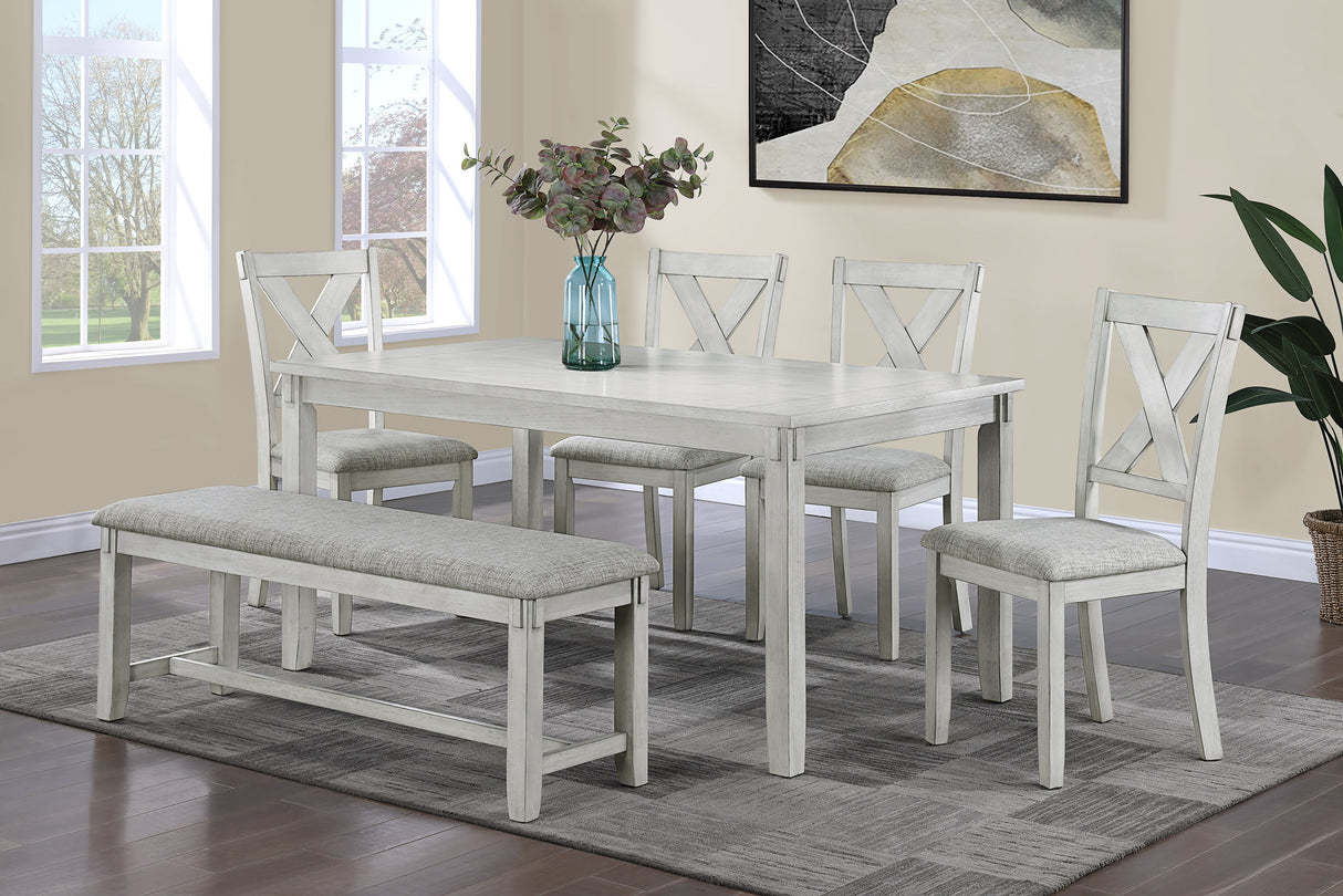 Rustic Farmhouse Transitional 6pc Dining Set Rectangular Table Linen Look Fabric Upholstered Chair Bench Seat Wooden Dining Room Furniture White/Gray Drift Wood Finish