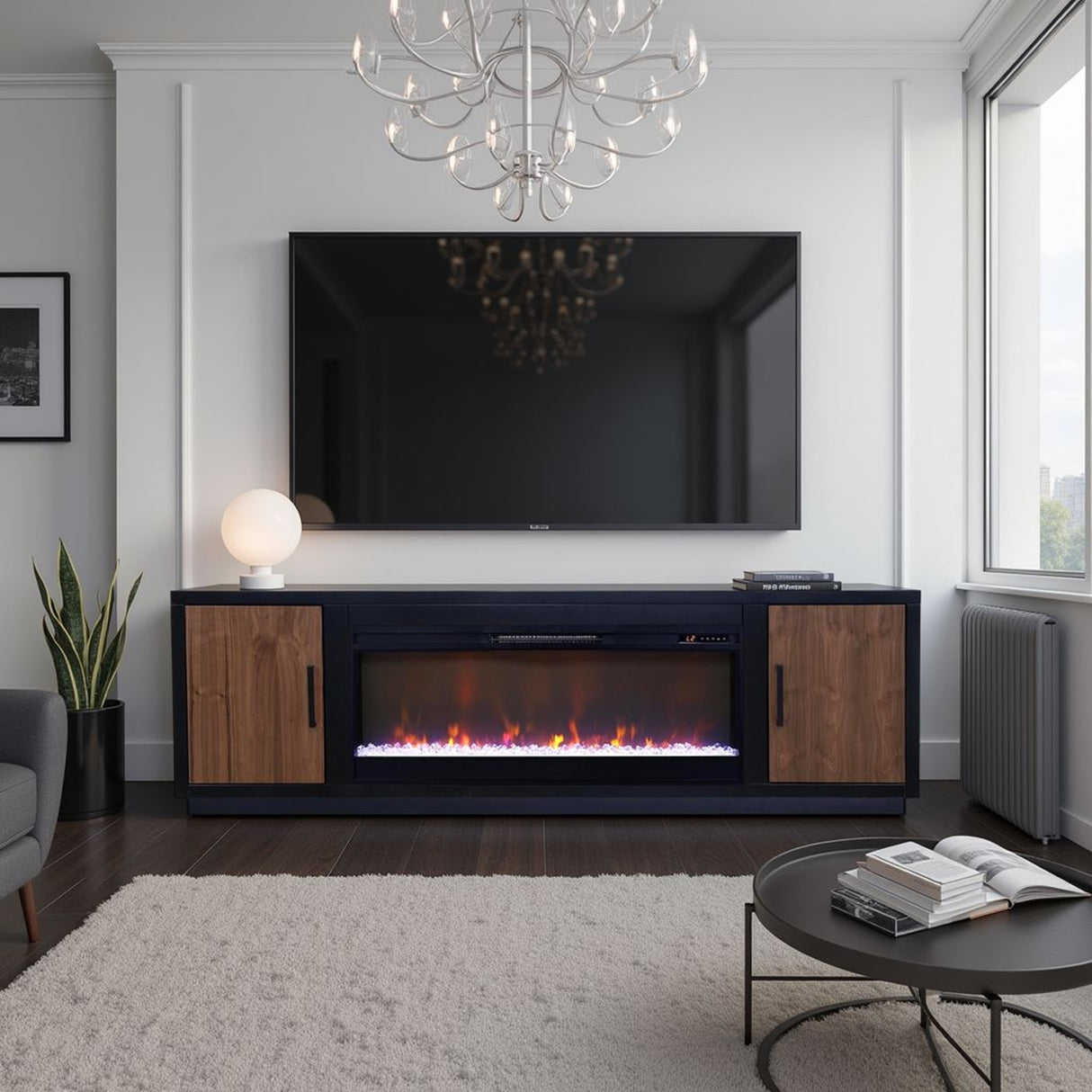 Soporte para TV con chimenea Aria de 83 pulgadas para televisores de hasta 95 pulgadas, montaje mínimo, acabado en negro y nogal