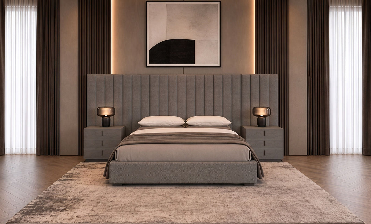 Queen Buckley - Modern Grey & Black Stainless Steel Bed w/ Nightstands
