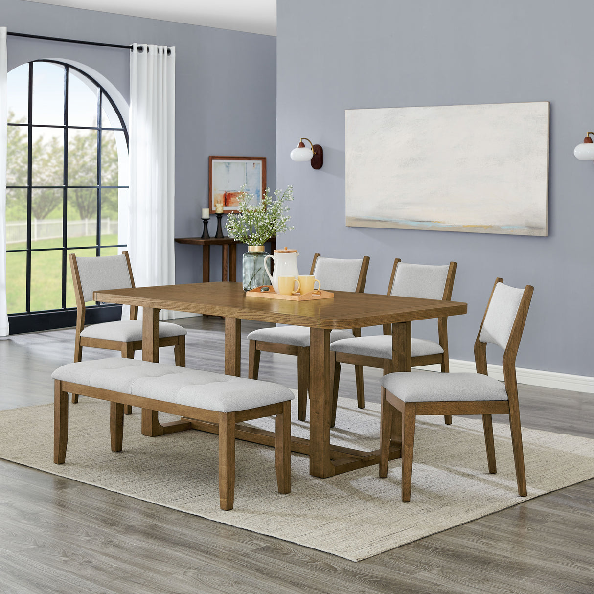 Darla 6Pc 72'W Rectangular Walnut Oak Finish Sled Dining Set with Bench
